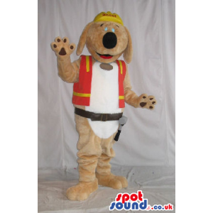 Brown Dog Plush Mascot Wearing A Worker Vest And Tools - Custom