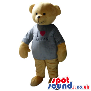 Cute Beige Teddy Bear Plush Mascot Wearing A T-Shirt With Text