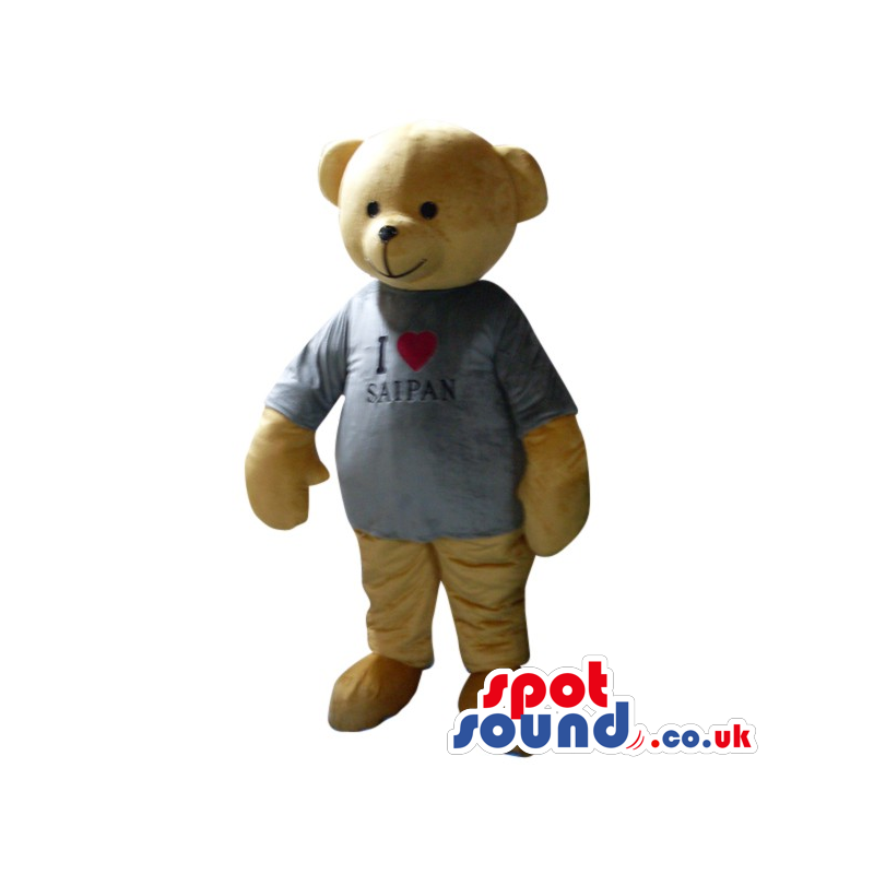 Cute Beige Teddy Bear Plush Mascot Wearing A T-Shirt With Text