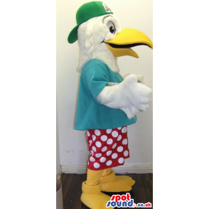 Cool White Bird Plush Mascot Wearing A Green Cap And Dots