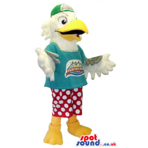 Cool White Bird Plush Mascot Wearing A Green Cap And Dots