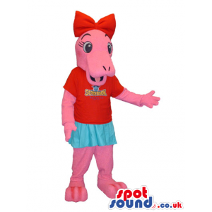 Pink Rhinoceros Girl Plush Mascot Wearing T-Shirt With A Logo -