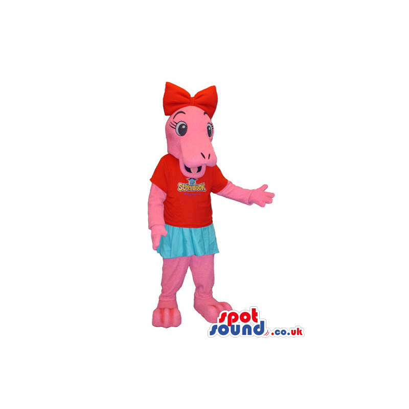 Pink Rhinoceros Girl Plush Mascot Wearing T-Shirt With A Logo -