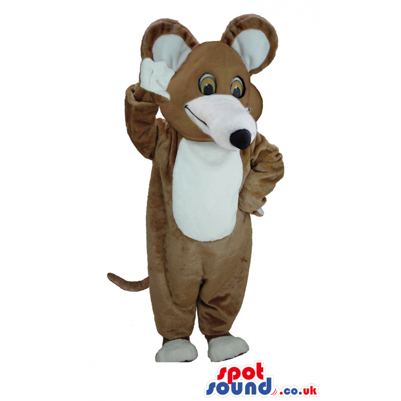Large, standing, cuddly brown mouse mascot with white
