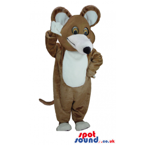 Large, standing, cuddly brown mouse mascot with white