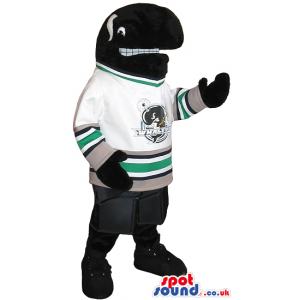 Whale Plush Mascot Wearing Ice-Hockey Clothes With Team Logo -