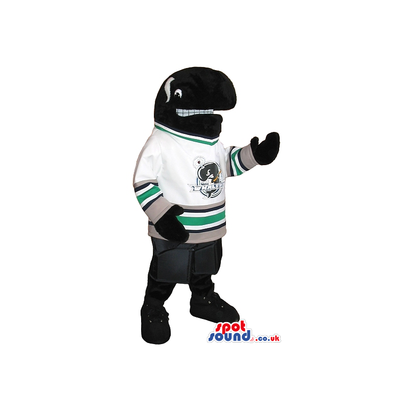 Whale Plush Mascot Wearing Ice-Hockey Clothes With Team Logo -