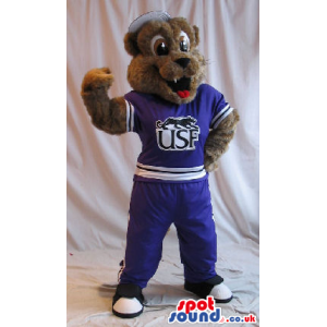 Brown Leopard Plush Mascot Wearing Blue Sports Clothes With