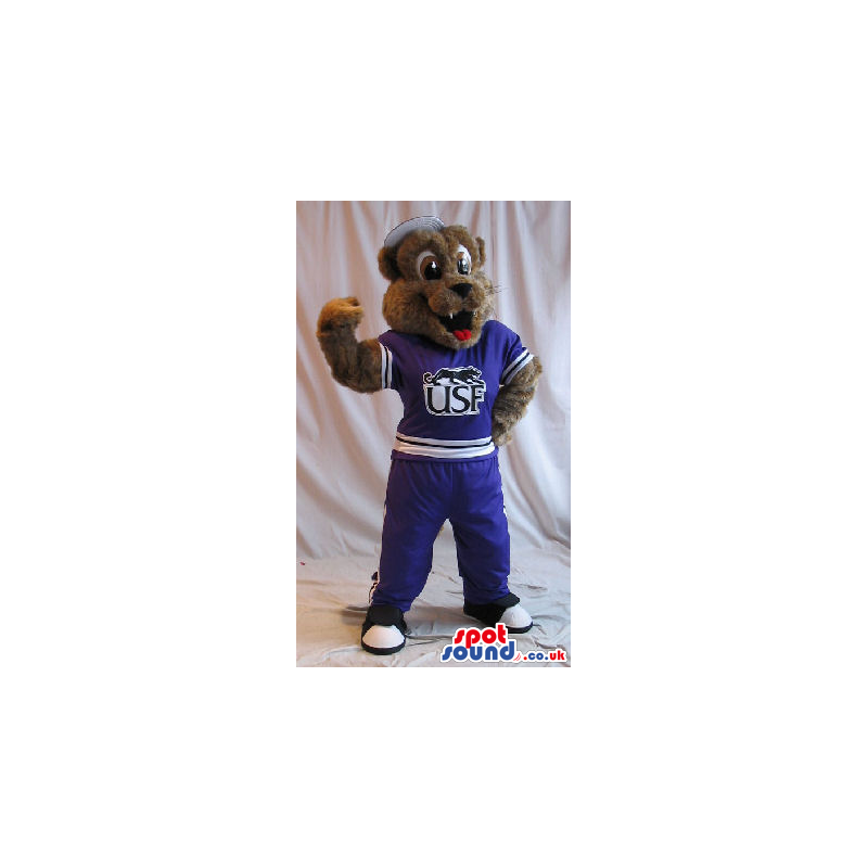 Brown Leopard Plush Mascot Wearing Blue Sports Clothes With