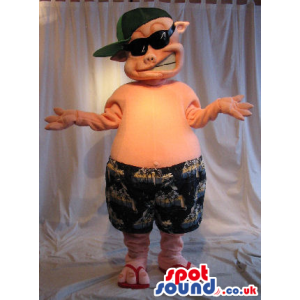 Cool Pig Plush Mascot Wearing Shorts And Sunglasses - Custom
