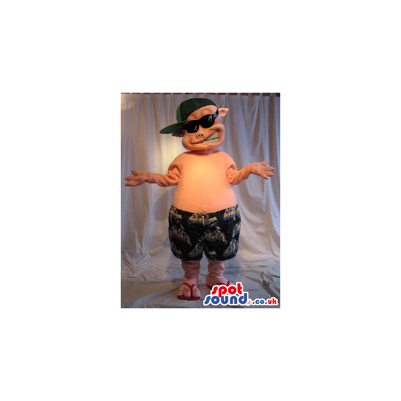 Cool Pig Plush Mascot Wearing Shorts And Sunglasses - Custom