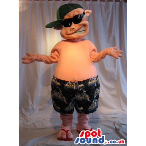 Cool Pig Plush Mascot Wearing Shorts And Sunglasses - Custom