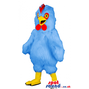 Giant blue feathered chicken mascot with yellow beak and feet -