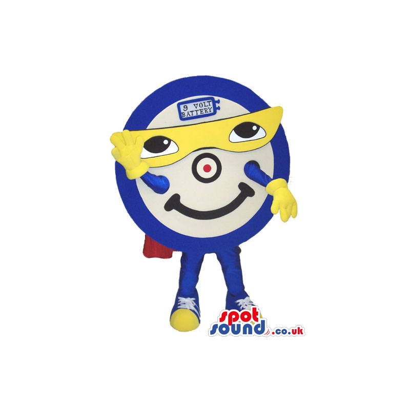 Cool Round Battery Mascot With A Super Hero Mask And Cape -