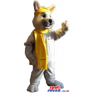 Cool Grey Fox Mascot Wearing A Yellow Scarf With Text - Custom