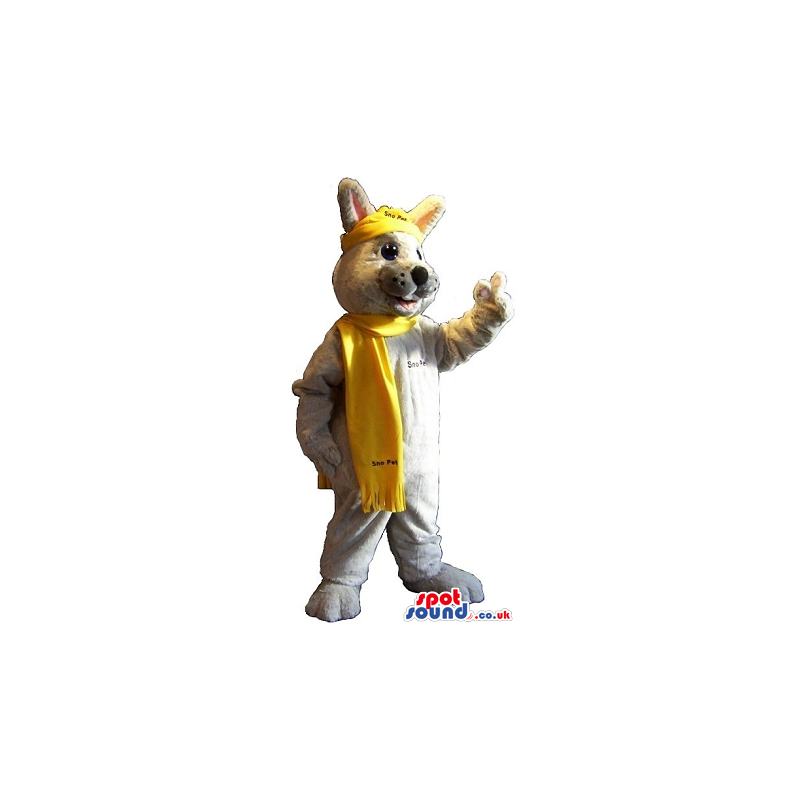 Cool Grey Fox Mascot Wearing A Yellow Scarf With Text - Custom