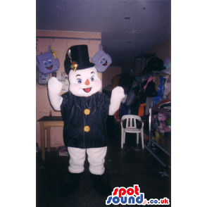 Snowman Plush Mascot Wearing A Black Jacket And A Top Ha -