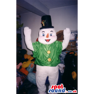 Snowman Plush Mascot Wearing A Green Jacket And A Top Hat -