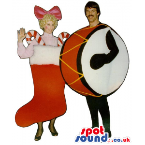 Christmas Stocking And Drum Adult Size Couple Costume Or Mascot
