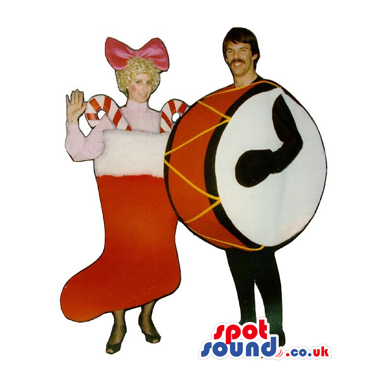 Christmas Stocking And Drum Adult Size Couple Costume Or Mascot