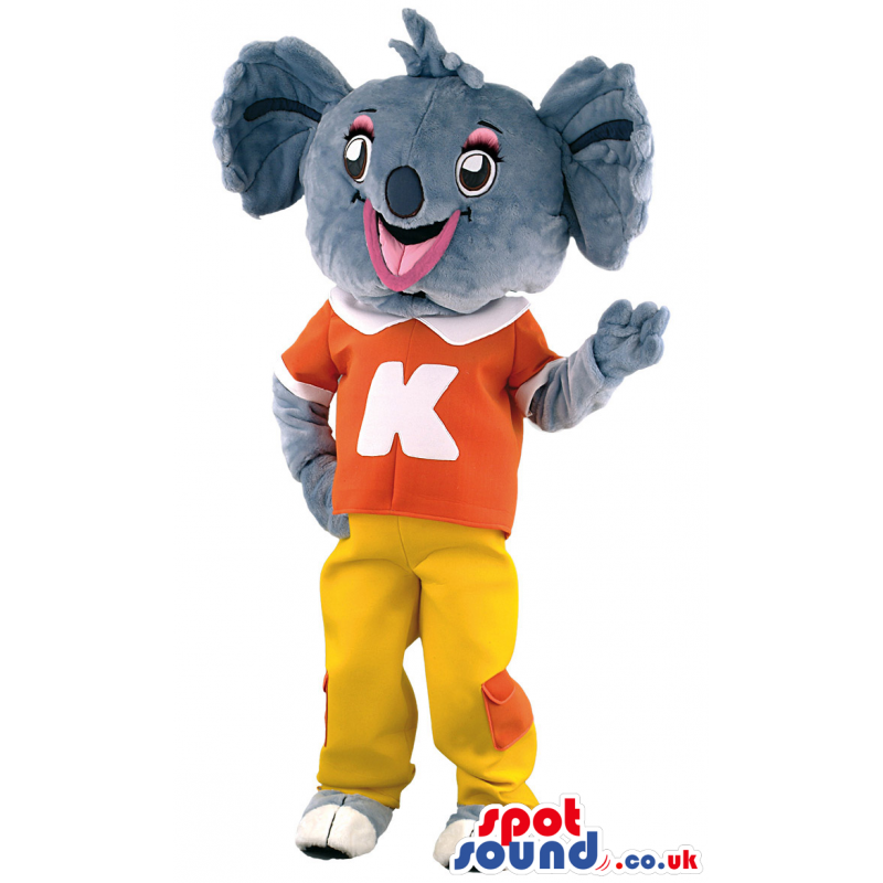 Tall overjoyed Koala mascot wearing orange T-shirt with K