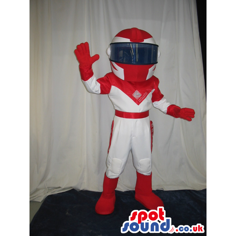 Cool White And Red Space Warrior Mascot With A Helmet And Logo