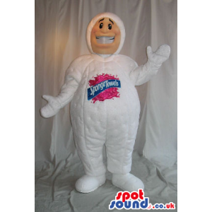 Cartoon Human Character Mascot In A White Suit With A Logo -