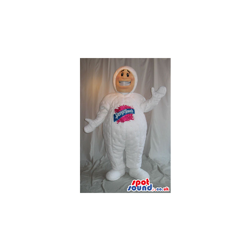 Cartoon Human Character Mascot In A White Suit With A Logo -