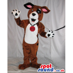 Brown And White Dog Plush Mascot With A Collar And Leash -