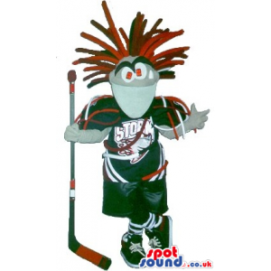 Fantasy Mascot With Red Hairs Wearing Hockey Garments With A