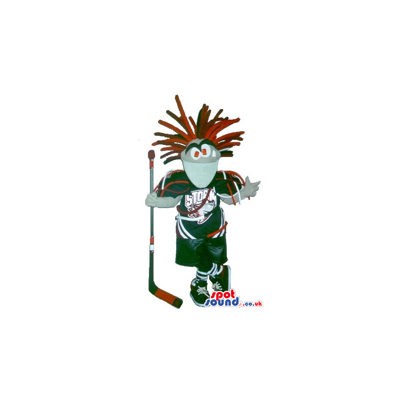 Fantasy Mascot With Red Hairs Wearing Hockey Garments With A