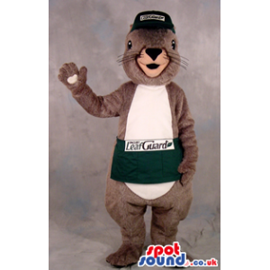 Otter Plush Mascot Wearing A Cap And A Sash With A Logo And