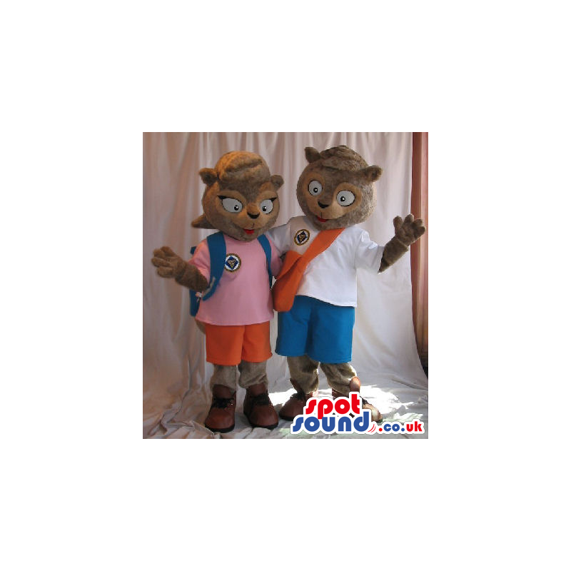 Squirrel Plush Mascot Couple Wearing Explorer Garments And