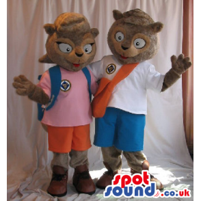 Squirrel Plush Mascot Couple Wearing Explorer Garments And