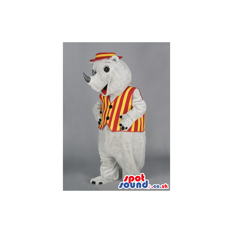 White Rhino mascot wearing red and yellow striped hat and vest