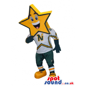 Happy Yellow Star Head Mascot Wearing Sports Garments With A