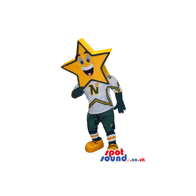 Happy Yellow Star Head Mascot Wearing Sports Garments With A