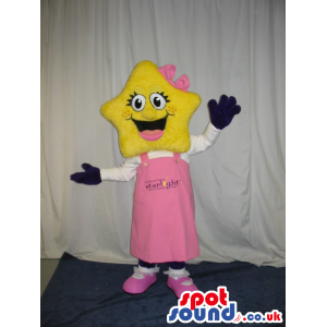 Yellow Star Head Girl Mascot Wearing Pink Garments - Custom