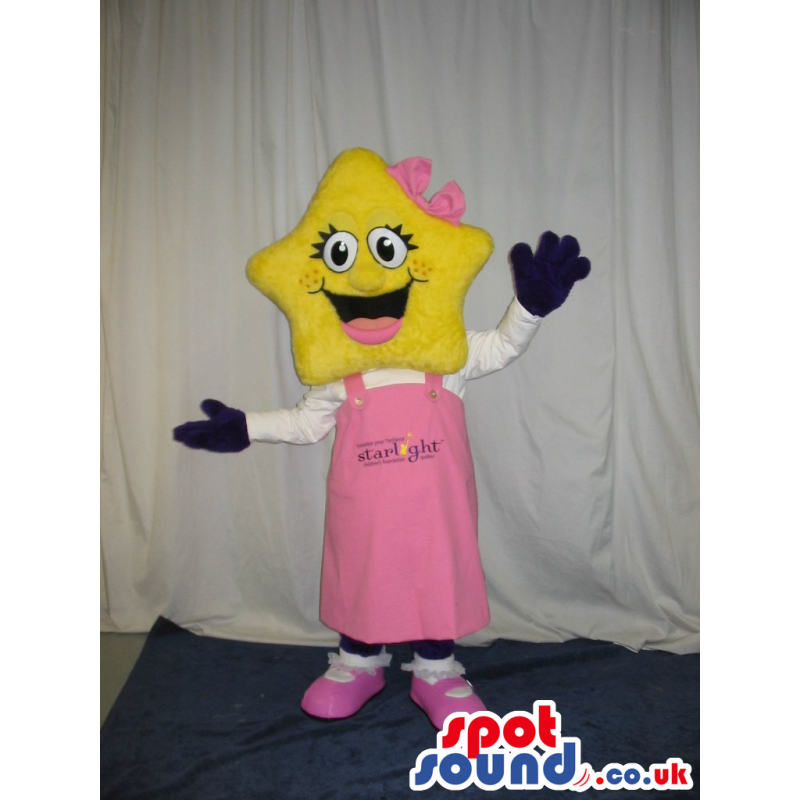 Yellow Star Head Girl Mascot Wearing Pink Garments - Custom