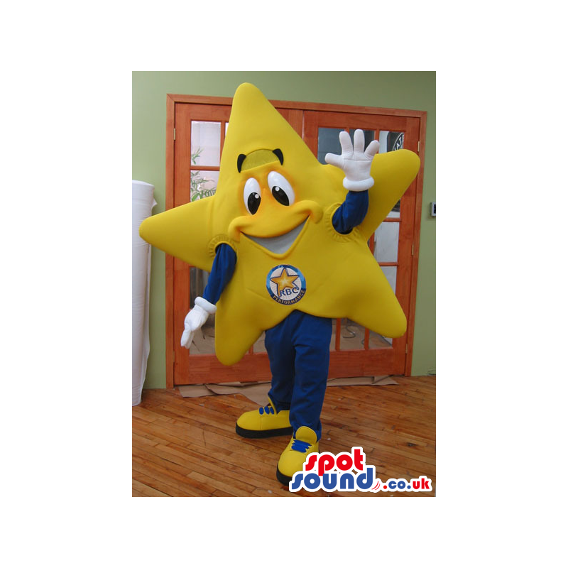 Happy Yellow Star Plush Mascot With A Logo Wearing Sneakers -