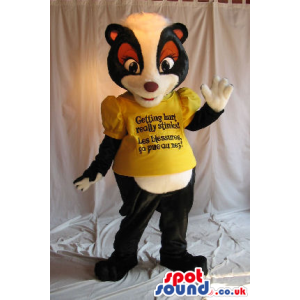 Cute Skunk Girl Plush Mascot Wearing A Yellow T-Shirt With Text