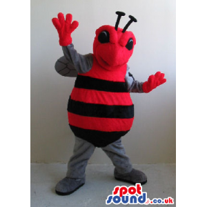 Red Bug Plush Mascot With An Angry Face And Black Stripes -