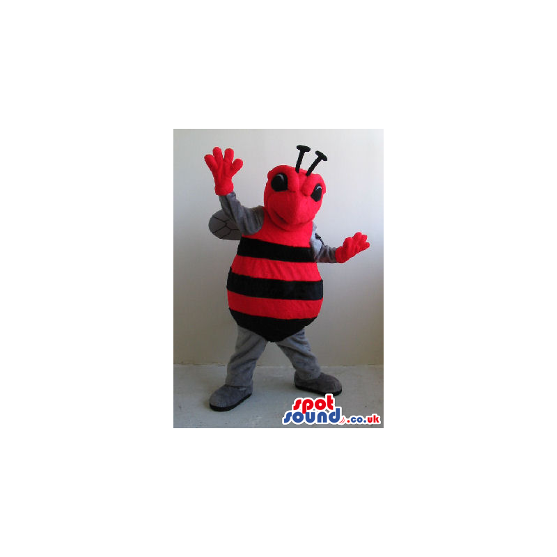 Red Bug Plush Mascot With An Angry Face And Black Stripes -