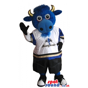 Blue Bull Plush Mascot Wearing Sports Garments With A Logo -