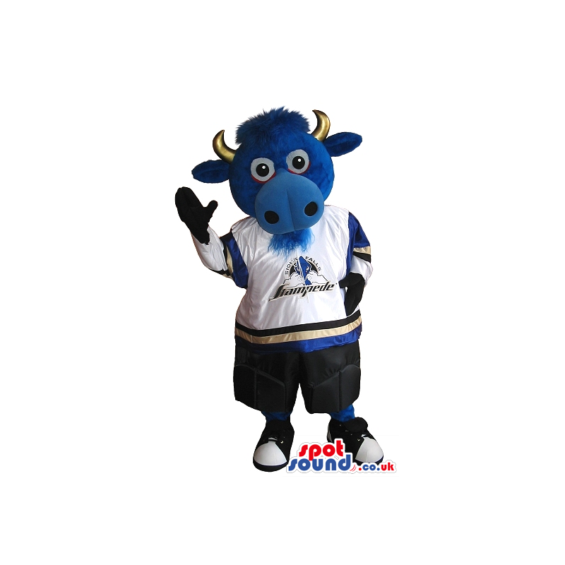 Blue Bull Plush Mascot Wearing Sports Garments With A Logo -