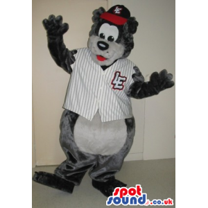 Grey Bear Plush Mascot Wearing Baseball Garments With A Log -