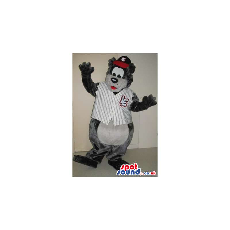 Grey Bear Plush Mascot Wearing Baseball Garments With A Log -