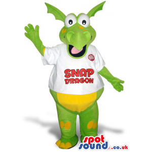 Green And Yellow Dragon Plush Mascot In A White T-Shirt With