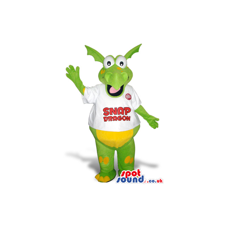 Green And Yellow Dragon Plush Mascot In A White T-Shirt With