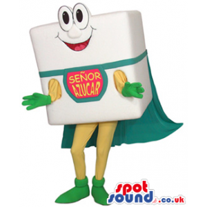 Funny White Sugar Cube Mascot With A Logo And A Super Hero Cape